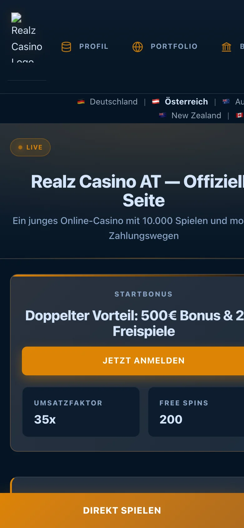 Realz Casino mobile lobby screenshot