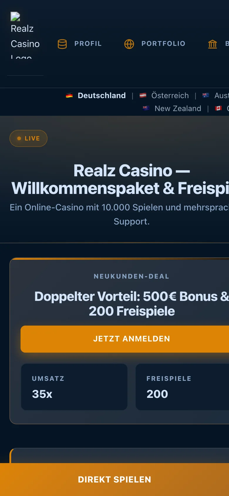 Realz Casino mobile lobby screenshot