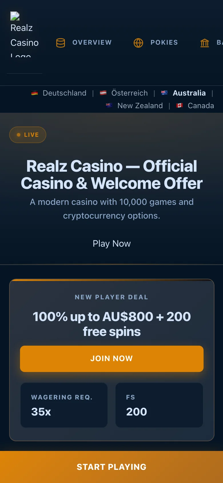 Realz Casino mobile lobby screenshot