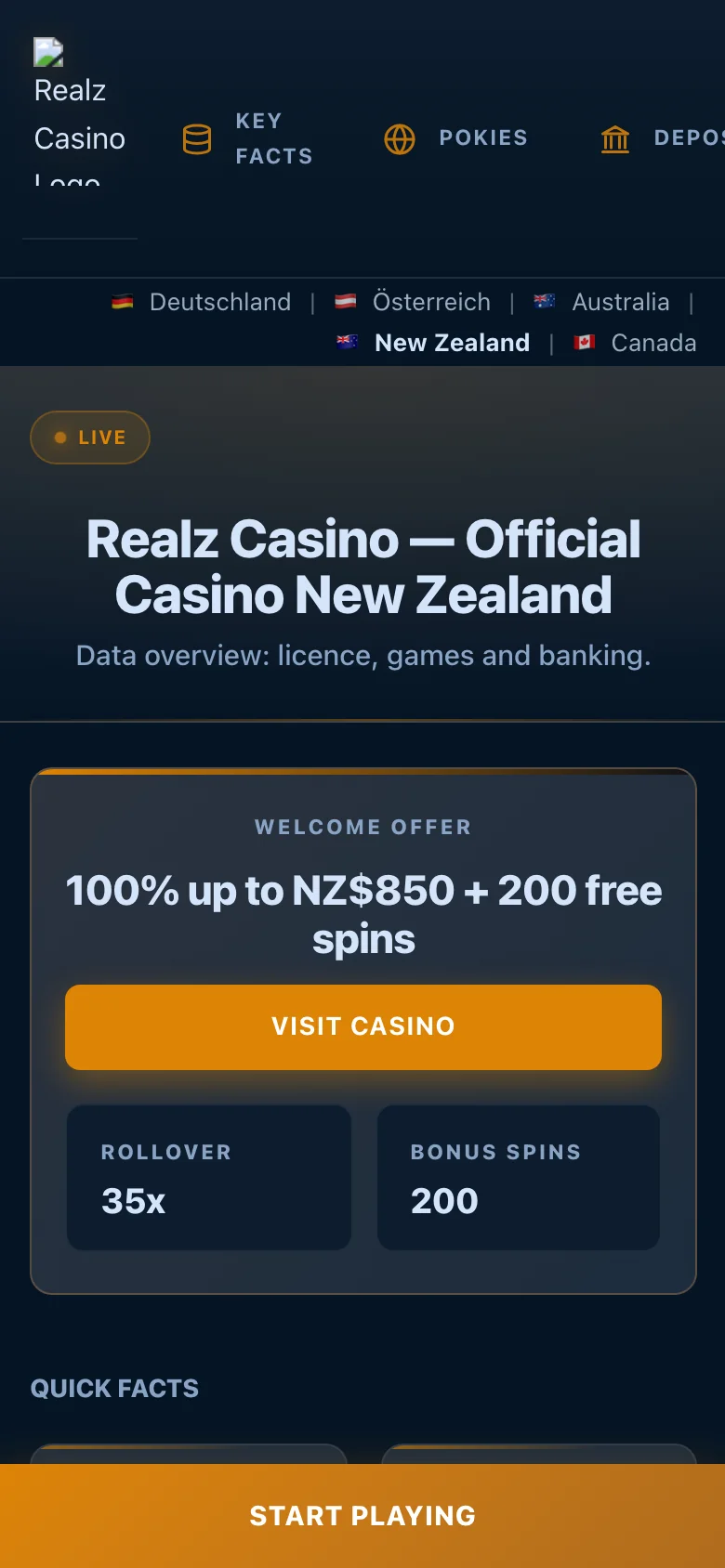 Realz Casino mobile lobby screenshot