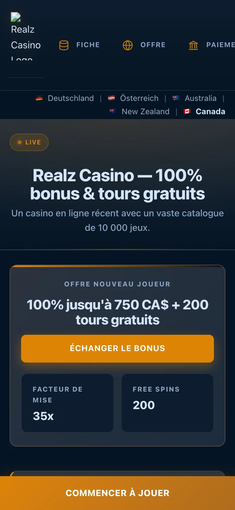 Realz Casino mobile lobby screenshot